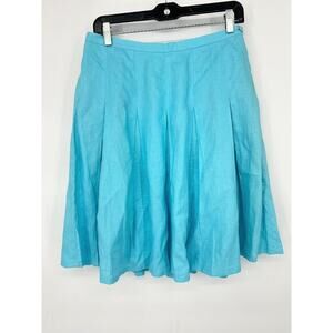 PAUL BERMAN Pleated Knee Length 100% Linen Skirt Size 12 Blue Coastal Preppy